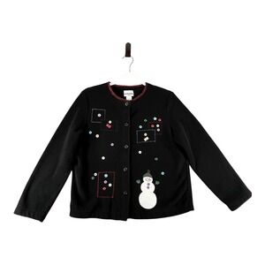 Breckenridge‎ Petite Black Fleece Snowman Button Front Cardigan Womens Medium P
